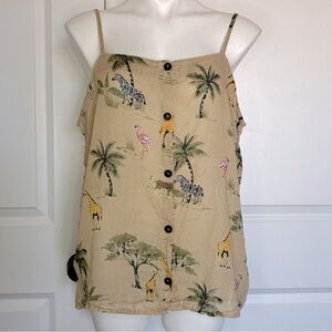 Old Navy Tan Linen Blend Safari Zoo Animal Cami Button Front Tank XL